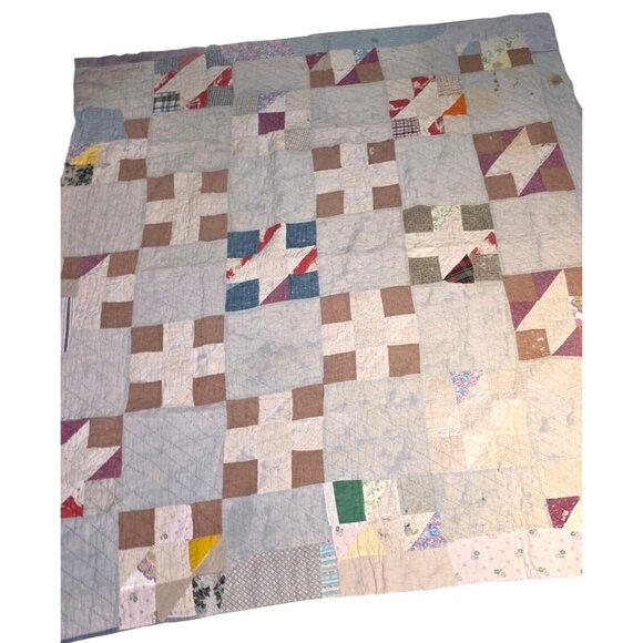 Antique Quilt Handmade Patchwork 70"x66" Multicolor Geometric Design Cotton READ - Picture 4 of 16